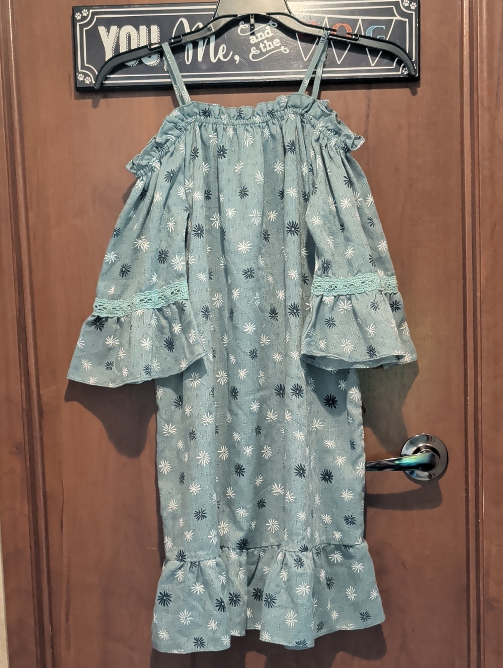 Hayden Girls Light Blue/Green Daisy Cold-Shoulder Dress Cotton